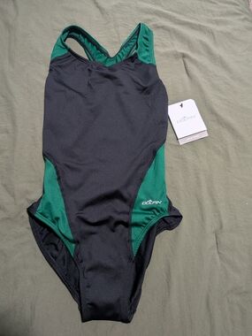 Dolfin Women's Ocean Panel Black/Forest Performance Back 1-Piece Swim Sz 34 New